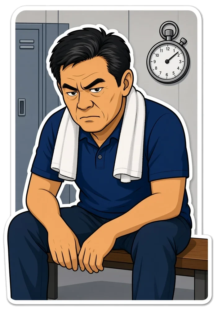 Dadchi on the locker-room bench, stopwatch running