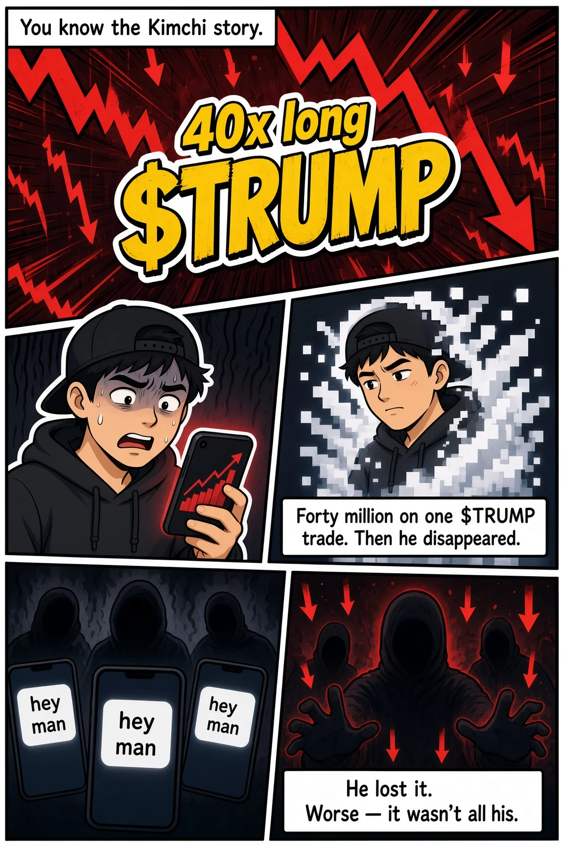 Comic page: the Kimchi story — forty million on one $TRUMP trade, then he disappeared. Faceless lenders text "hey man". He lost it. Worse — it wasn't all his.