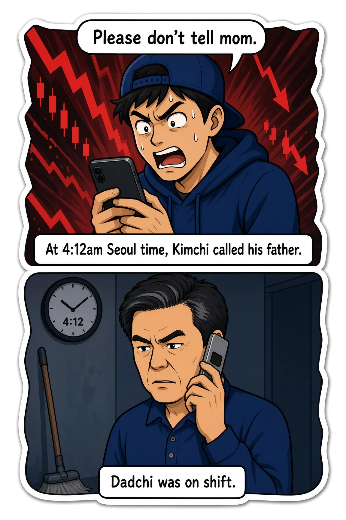 Comic page: at 4:12am Seoul time Kimchi calls his father — "Please don't tell mom." Dadchi answers a flip phone on shift, wall clock reading 4:12.