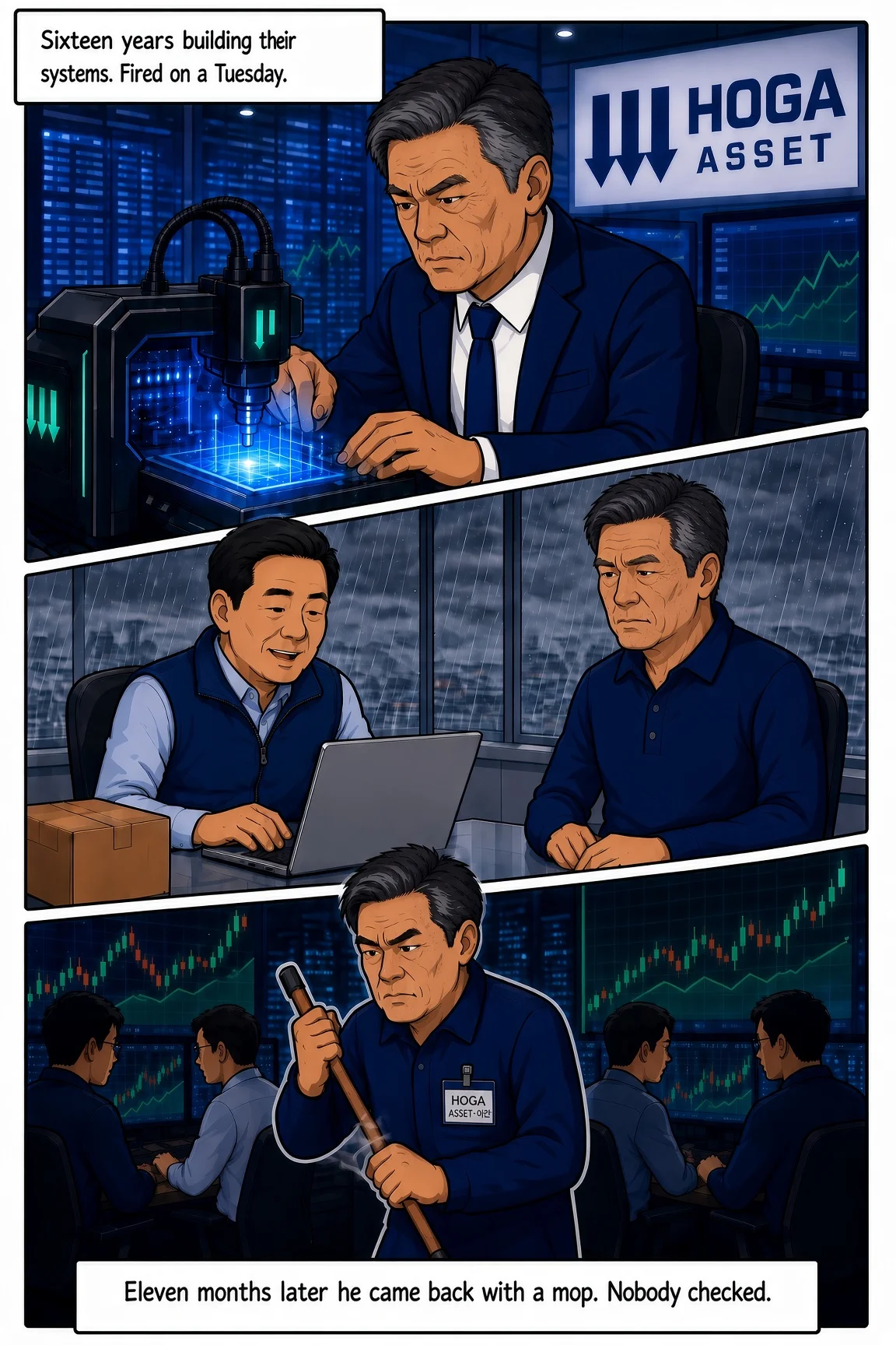 Comic page: sixteen years building Hoga Asset's systems, fired on a Tuesday by a young exec reading off a laptop. Eleven months later he came back with a mop. Nobody checked.