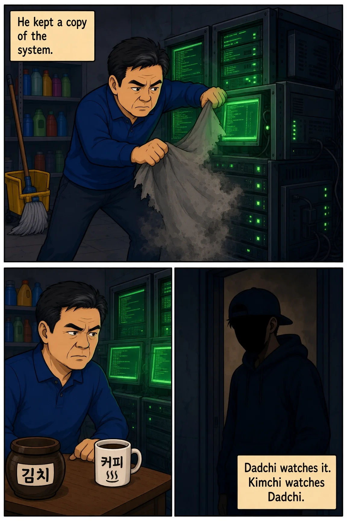 Comic page: he kept a copy of the system — Dadchi pulls a dust sheet off a server rack in the supply closet. Dadchi watches it. Kimchi watches Dadchi from the doorway.