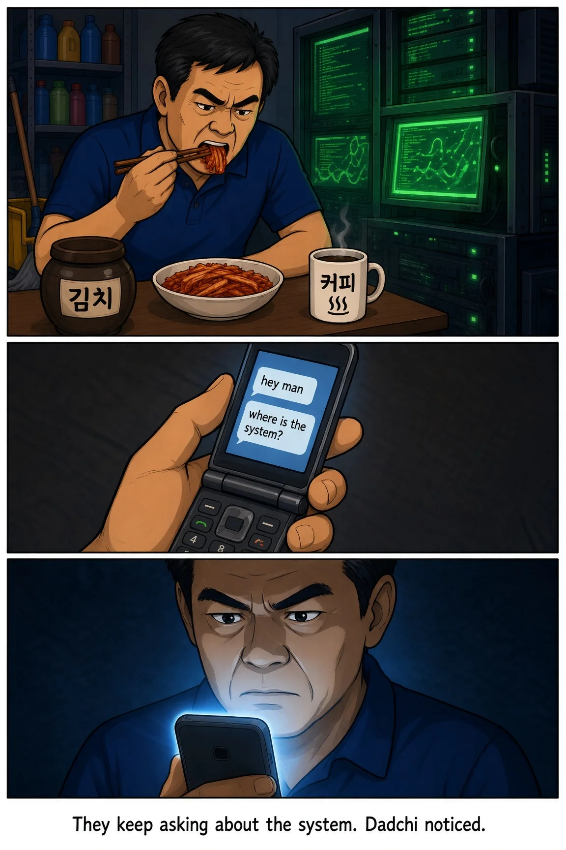 Comic page: Dadchi eats kimchi at the desk; the flip phone shows texts "hey man" and "where is the system?" They keep asking about the system. Dadchi noticed.