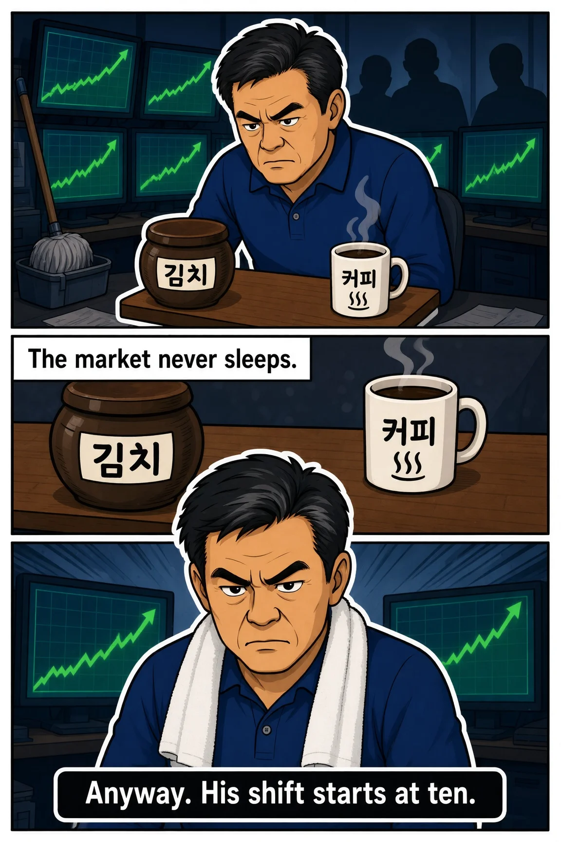 Comic page: the market never sleeps — Dadchi at the glowing monitors, towel over shoulders. Anyway. His shift starts at ten.
